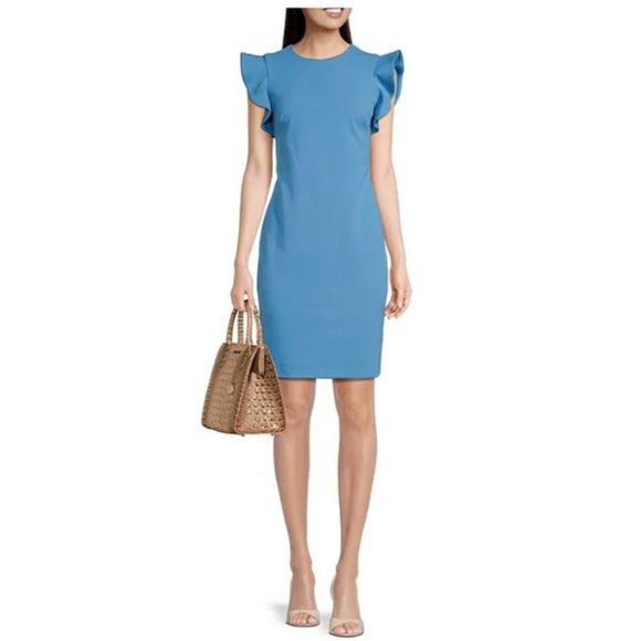 Calvin Klein Dress 10 Green Scuba Flutter Sleeve Stretch Career Church - Picture 10 of 11